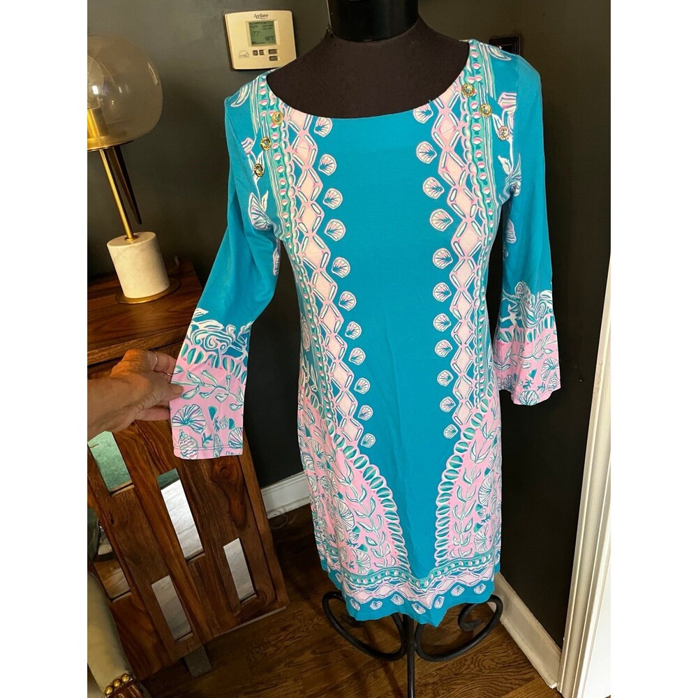 Lilly Pulitzer Soft Stretch Knit Turquoise & Pink Sea shell Floral Dress S - Picture 1 of 6